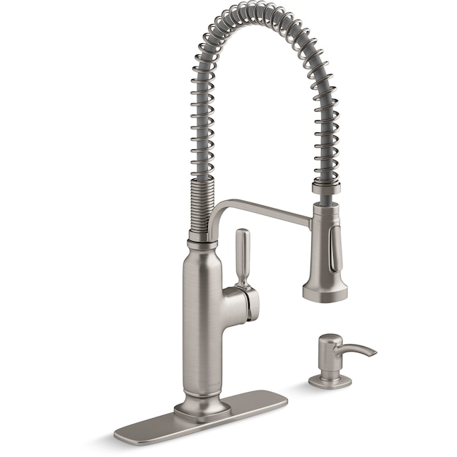 Ealing Pre-Rinse Spring Vibrant Stainless Single Handle Deck-Mount Pull-Down Kitchen Faucet With Sprayer ( Deck Plate Included ) (Soap Dispenser Included)